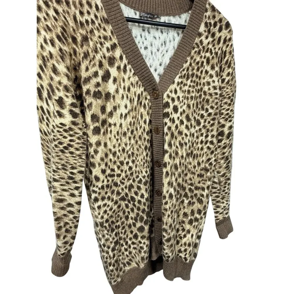 J.McLaughlin 100% Cashmere Cardigan Sweater XS Leopard Animal Print Long V-Neck